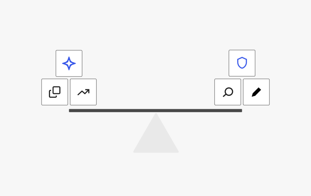 A level seesaw balancing AI and growth icons against security, search, and editing icons, showing AI tools balanced with trust.