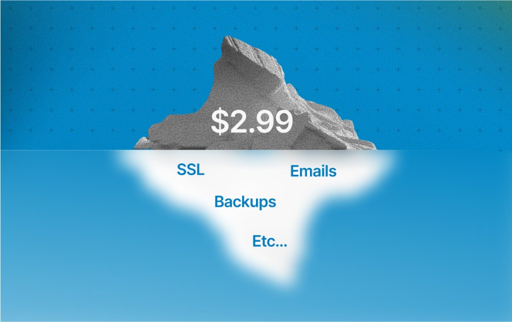 An illustration depicting the true costs of web hosting, with a $2.99 price tag visible above water, while essential features like SSL, emails, and backups are represented submerged, indicating hidden costs.