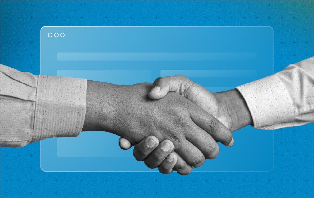 Two hands shaking in front of a digital interface, symbolizing trust and partnership in web hosting.